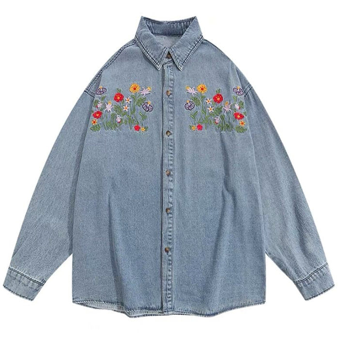 VILZSTUDIOS Floral embroidery denim shirt for streetwear fashion
