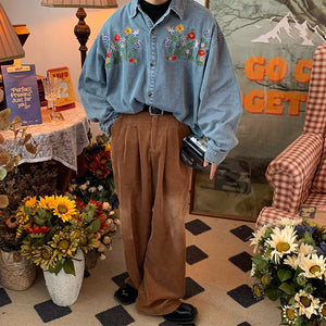 VILZSTUDIOS Floral embroidery denim shirt for streetwear fashion