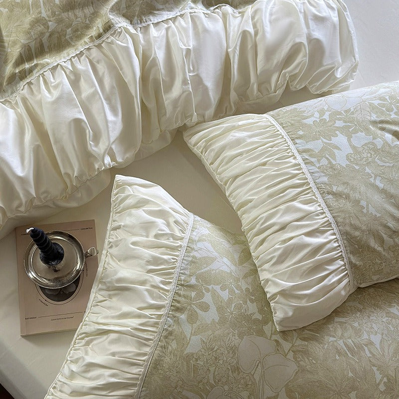 VILZSTUDIOS sage green or dusty blush pink floral toile bedding set with ivory ruffles and lace piping