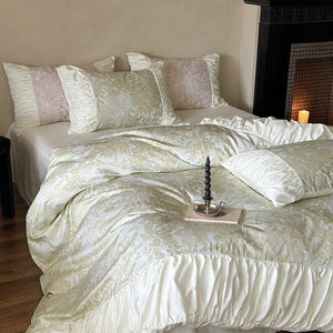 VILZSTUDIOS sage green or dusty blush pink floral toile bedding set with ivory ruffles and lace piping
