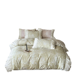 VILZSTUDIOS sage green or dusty blush pink floral toile bedding set with ivory ruffles and lace piping
