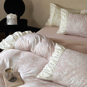 VILZSTUDIOS sage green or dusty blush pink floral toile bedding set with ivory ruffles and lace piping