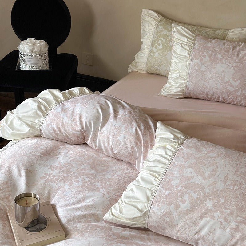 VILZSTUDIOS sage green or dusty blush pink floral toile bedding set with ivory ruffles and lace piping