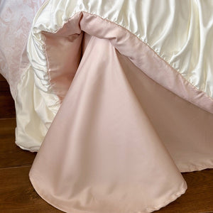 VILZSTUDIOS sage green or dusty blush pink floral toile bedding set with ivory ruffles and lace piping