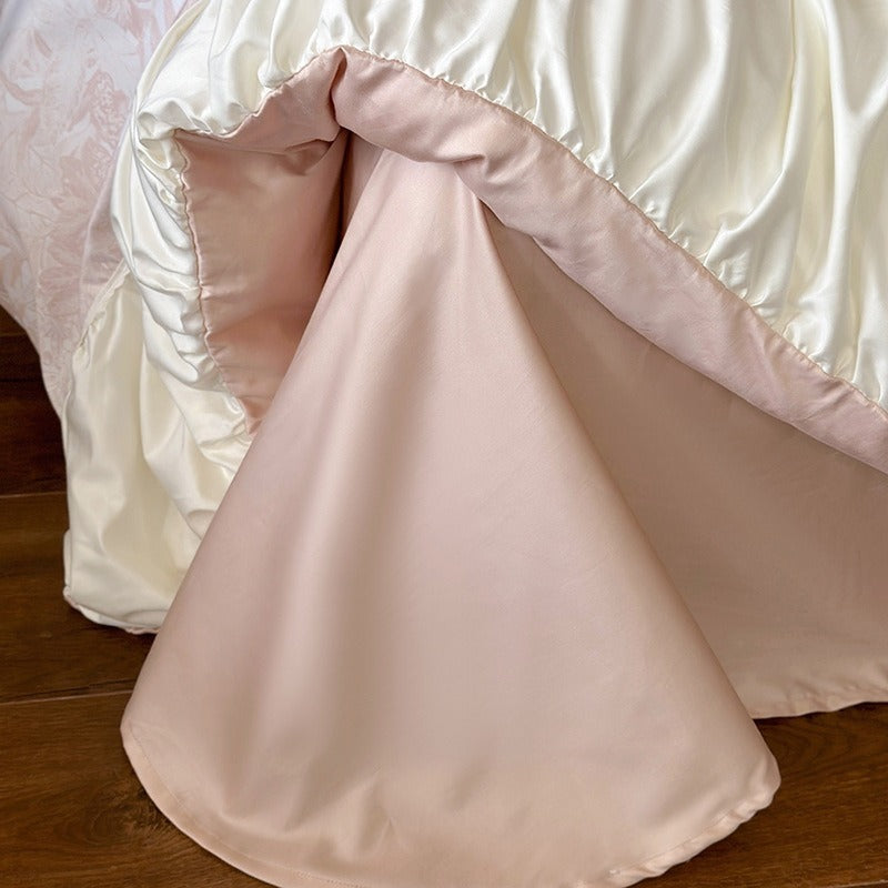 VILZSTUDIOS sage green or dusty blush pink floral toile bedding set with ivory ruffles and lace piping