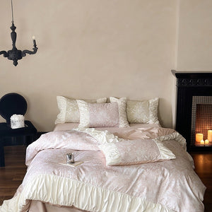 VILZSTUDIOS sage green or dusty blush pink floral toile bedding set with ivory ruffles and lace piping