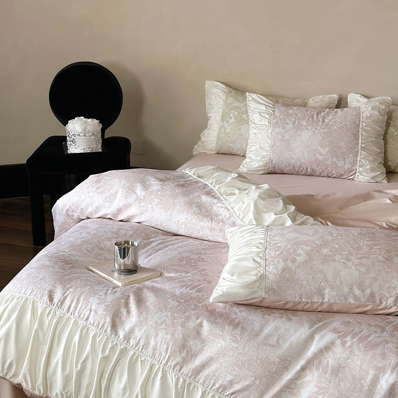 VILZSTUDIOS sage green or dusty blush pink floral toile bedding set with ivory ruffles and lace piping