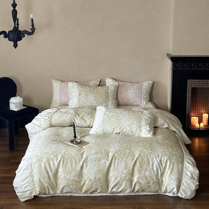VILZSTUDIOS sage green or dusty blush pink floral toile bedding set with ivory ruffles and lace piping