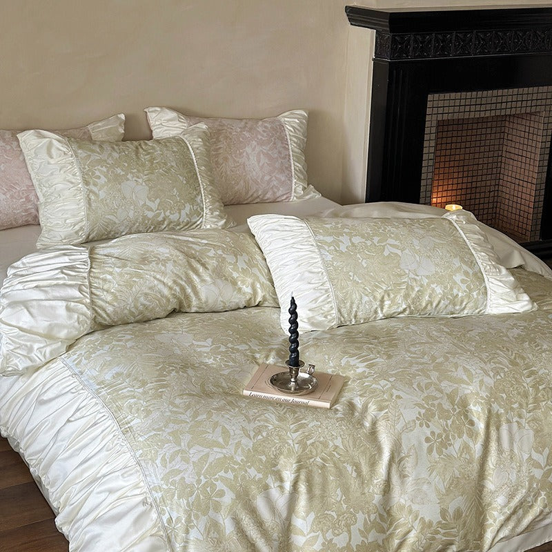 VILZSTUDIOS sage green or dusty blush pink floral toile bedding set with ivory ruffles and lace piping