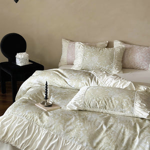 VILZSTUDIOS sage green or dusty blush pink floral toile bedding set with ivory ruffles and lace piping
