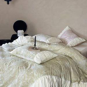 VILZSTUDIOS sage green or dusty blush pink floral toile bedding set with ivory ruffles and lace piping