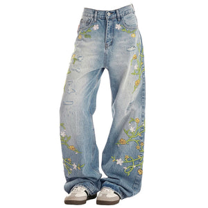 VILZSTUDIOS Floral embroidery jeans with wide-leg fit and pastel details
