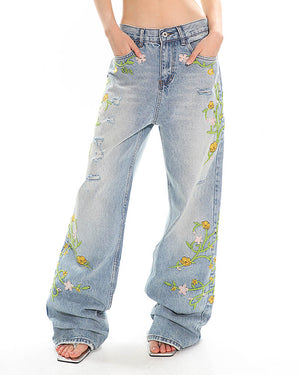 VILZSTUDIOS Floral embroidery jeans with wide-leg fit and pastel details
