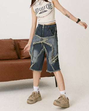 VILZSTUDIOS High-waisted denim shorts with star design and frayed edges