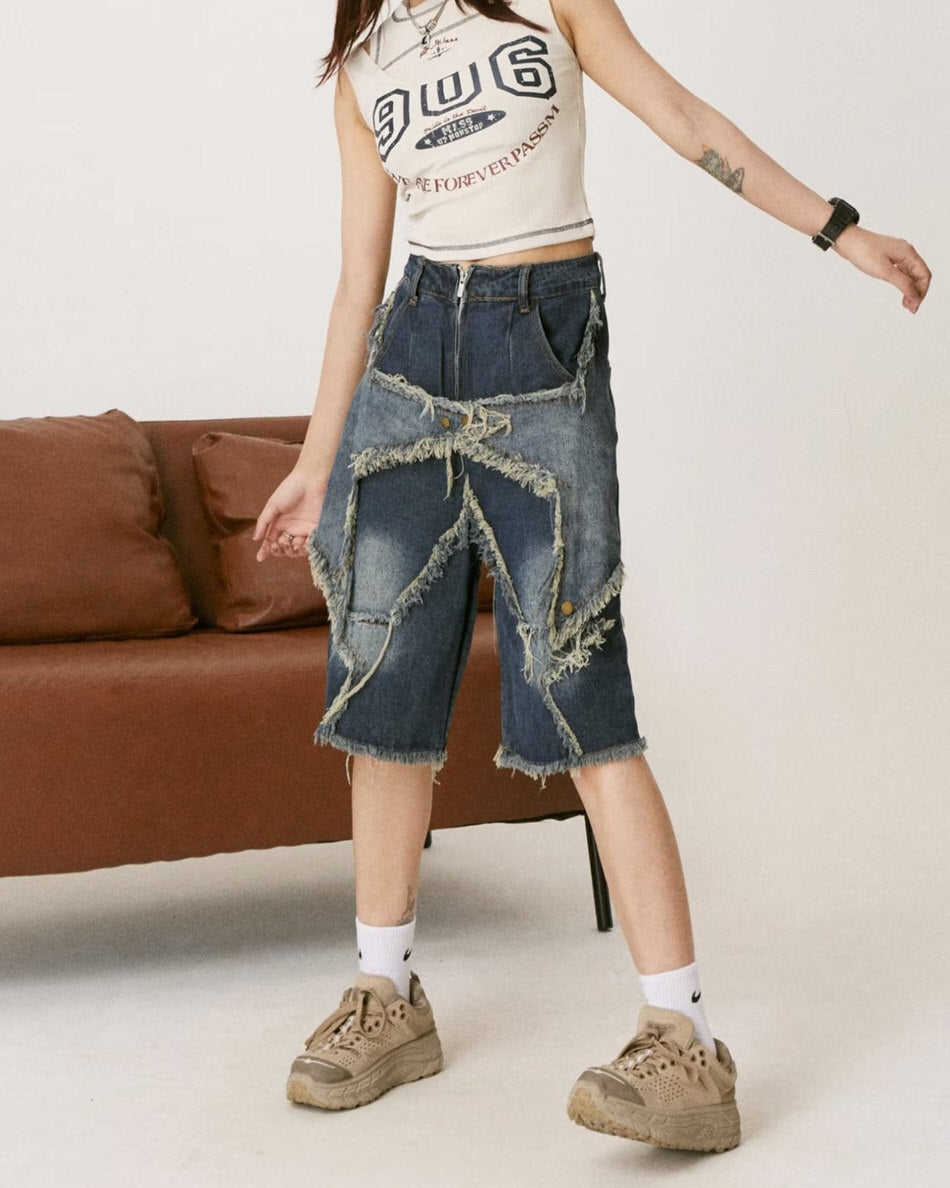 VILZSTUDIOS High-waisted denim shorts with star design and frayed edges