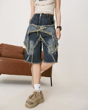 VILZSTUDIOS High-waisted denim shorts with star design and frayed edges