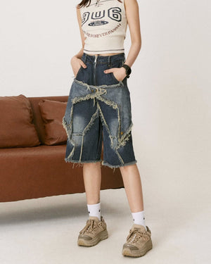 VILZSTUDIOS High-waisted denim shorts with star design and frayed edges