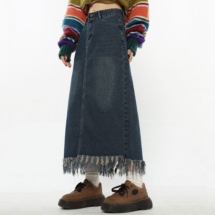 VILZSTUDIOS Fringe Detail Long Denim Skirt product image