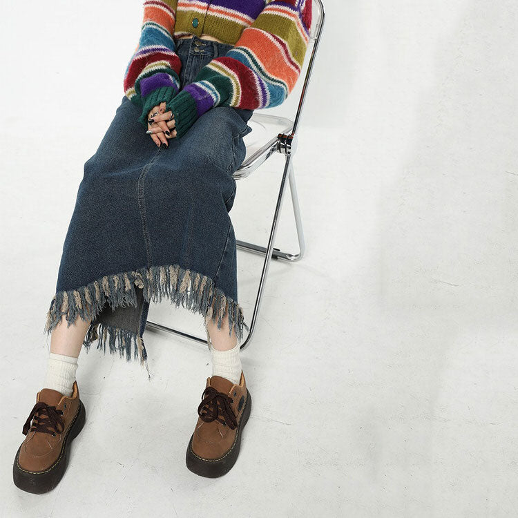 VILZSTUDIOS Fringe Detail Long Denim Skirt product image