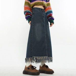 VILZSTUDIOS Fringe Detail Long Denim Skirt product image