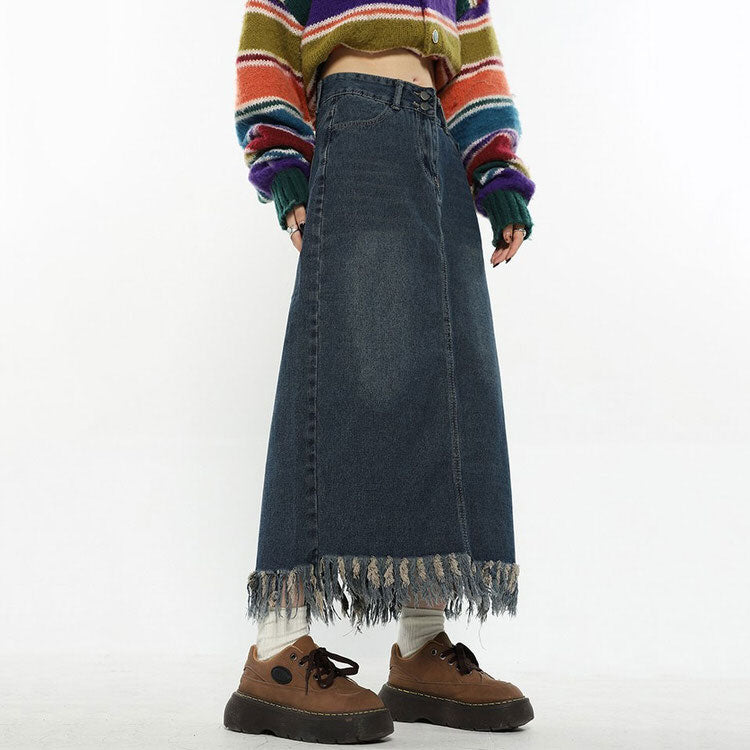 VILZSTUDIOS Fringe Detail Long Denim Skirt product image