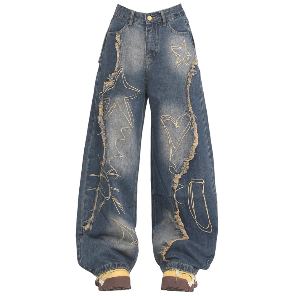 VILZSTUDIOS Fringe wide denim jeans with heart and star design