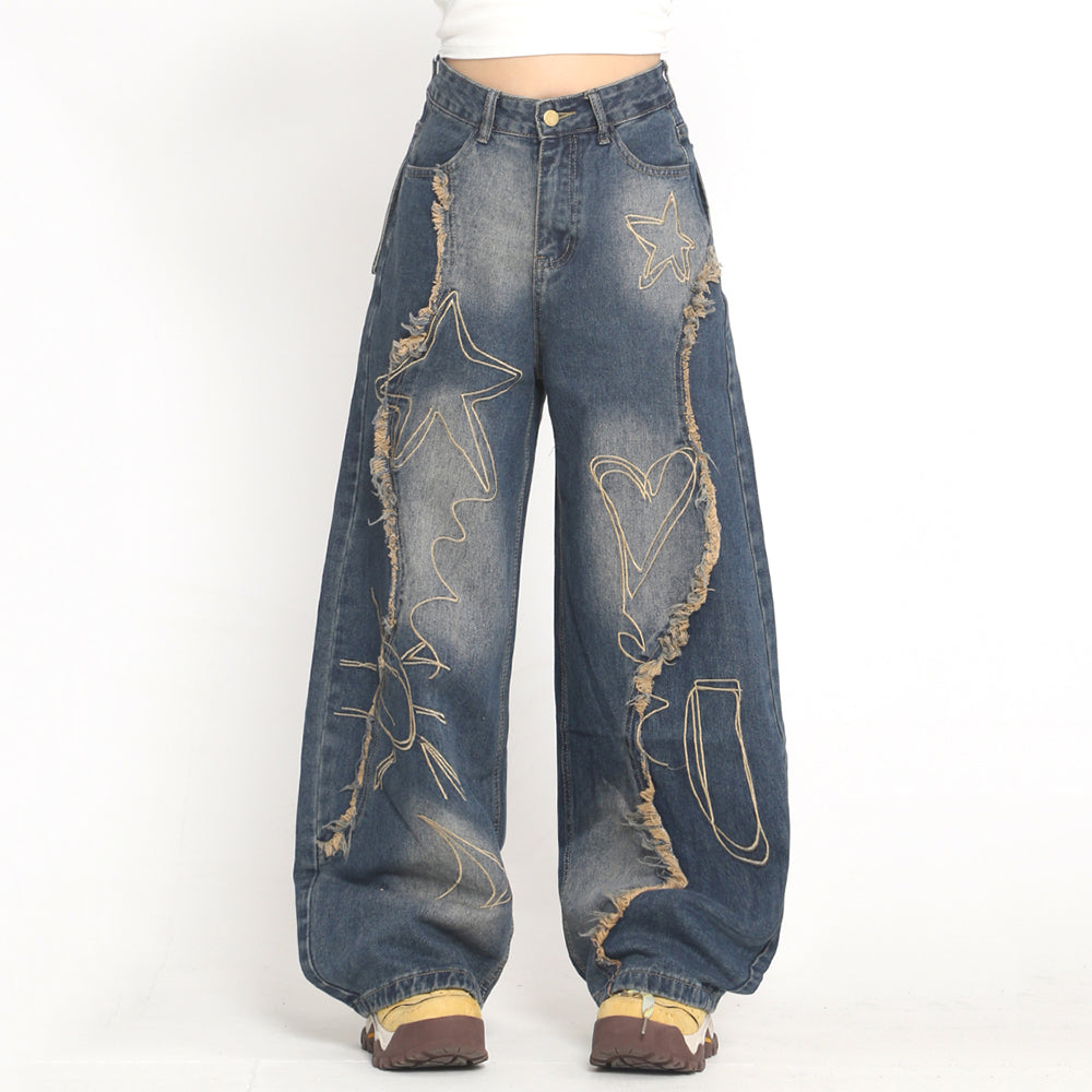 VILZSTUDIOS Fringe wide denim jeans with heart and star design
