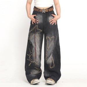 VILZSTUDIOS Fringe wide denim jeans with heart and star design