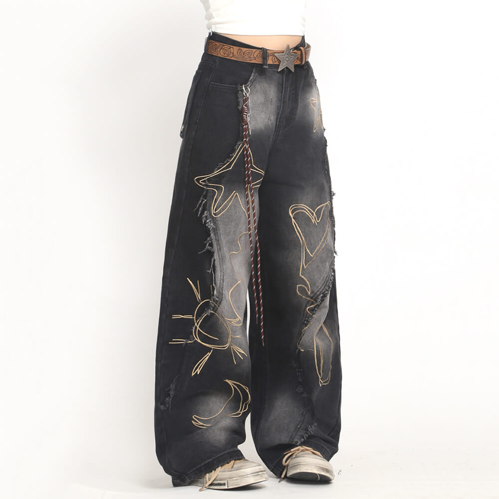 VILZSTUDIOS Fringe wide denim jeans with heart and star design