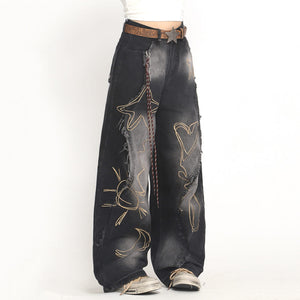 VILZSTUDIOS Fringe wide denim jeans with heart and star design