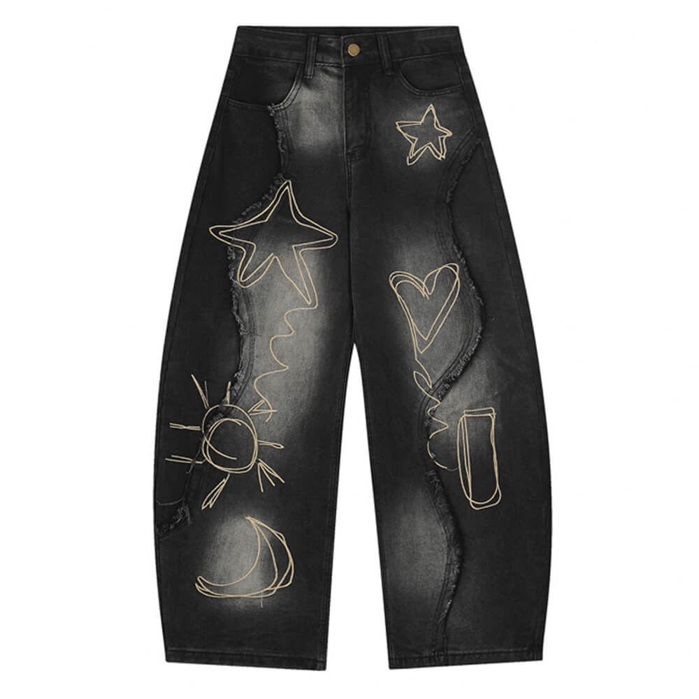 VILZSTUDIOS Fringe wide denim jeans with heart and star design