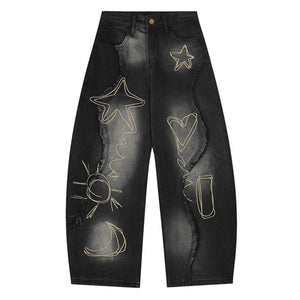 VILZSTUDIOS Fringe wide denim jeans with heart and star design