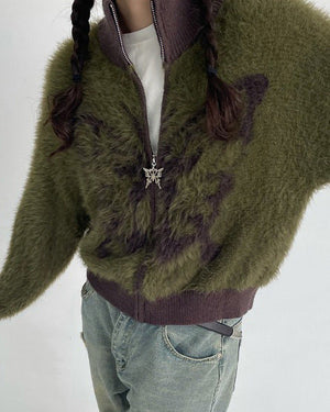 VILZSTUDIOS Fuzzy bomber jacket with butterfly print design