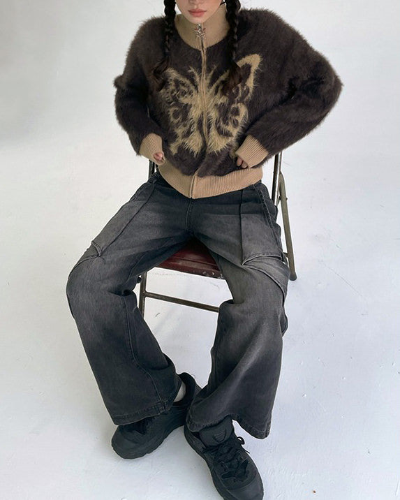 VILZSTUDIOS Fuzzy bomber jacket with butterfly print design