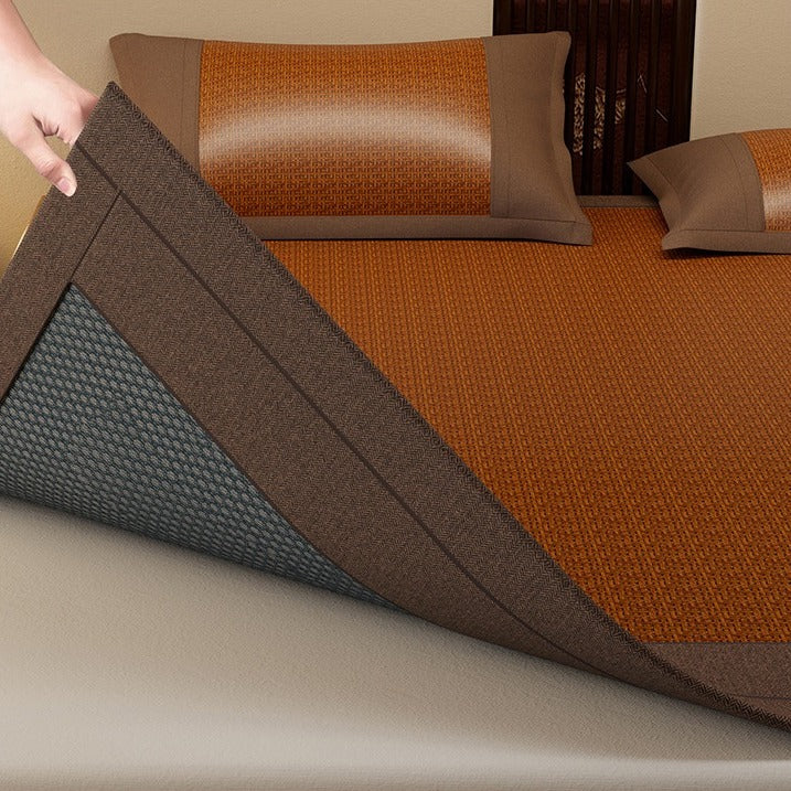 VILZSTUDIOS neutral-toned geometric woven cooling sleep mat with wide fabric binding