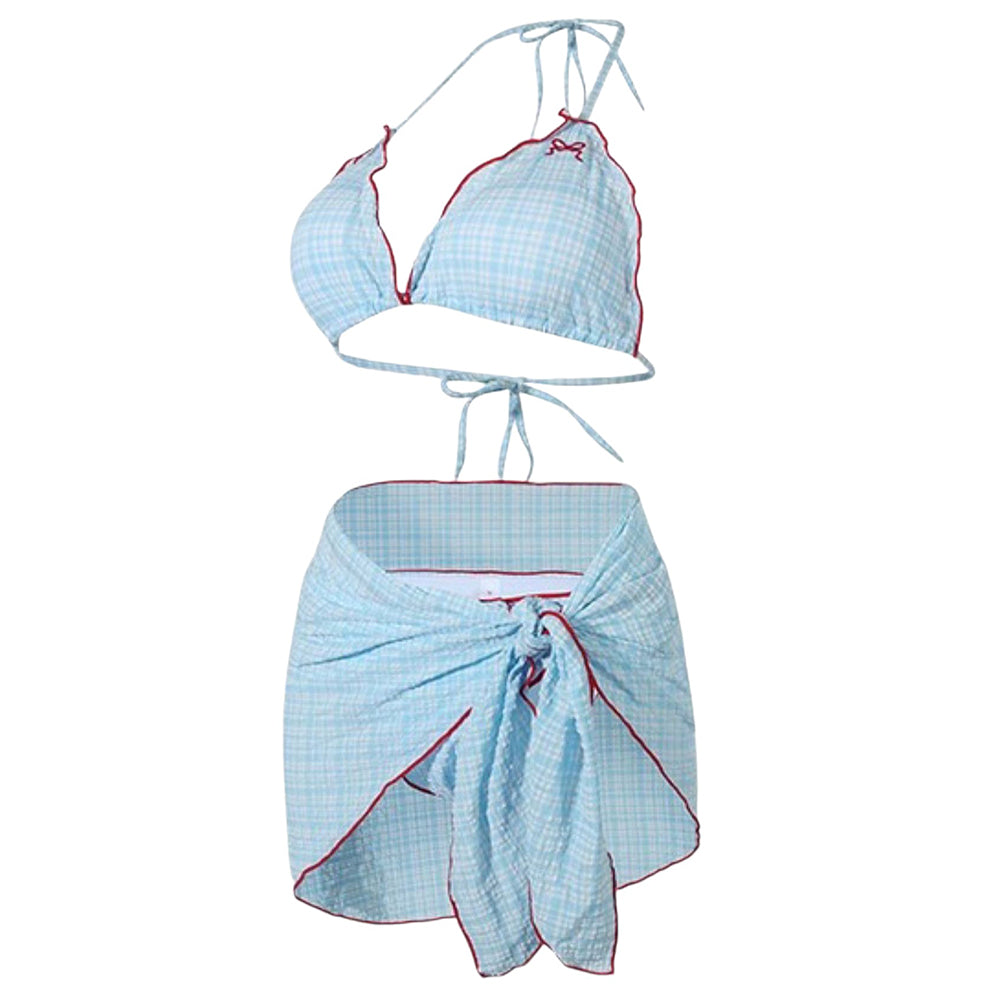 VILZSTUDIOS Gingham beach skirt set with bow embroidery