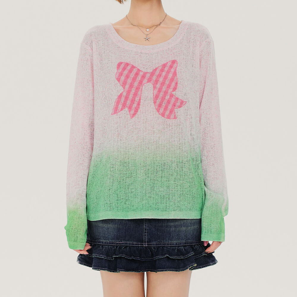 VILZSTUDIOS Gradient knit pullover with gingham bow print