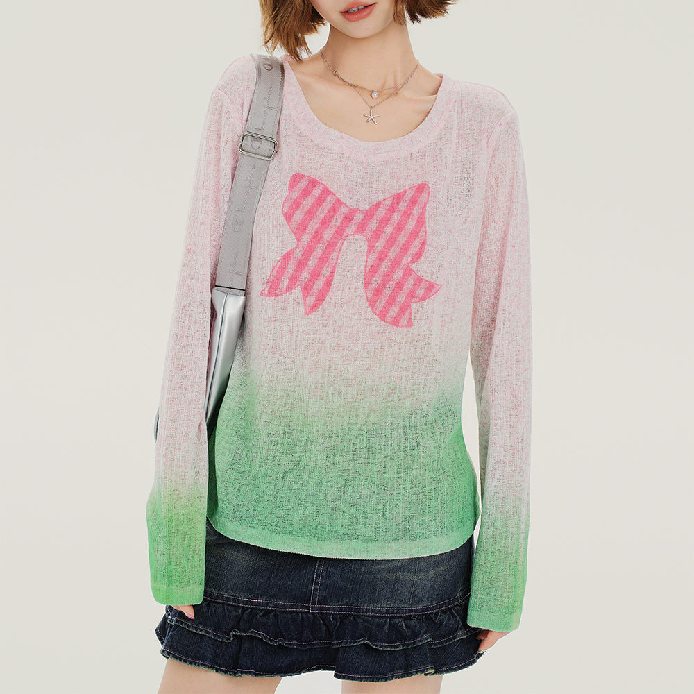 VILZSTUDIOS Gradient knit pullover with gingham bow print
