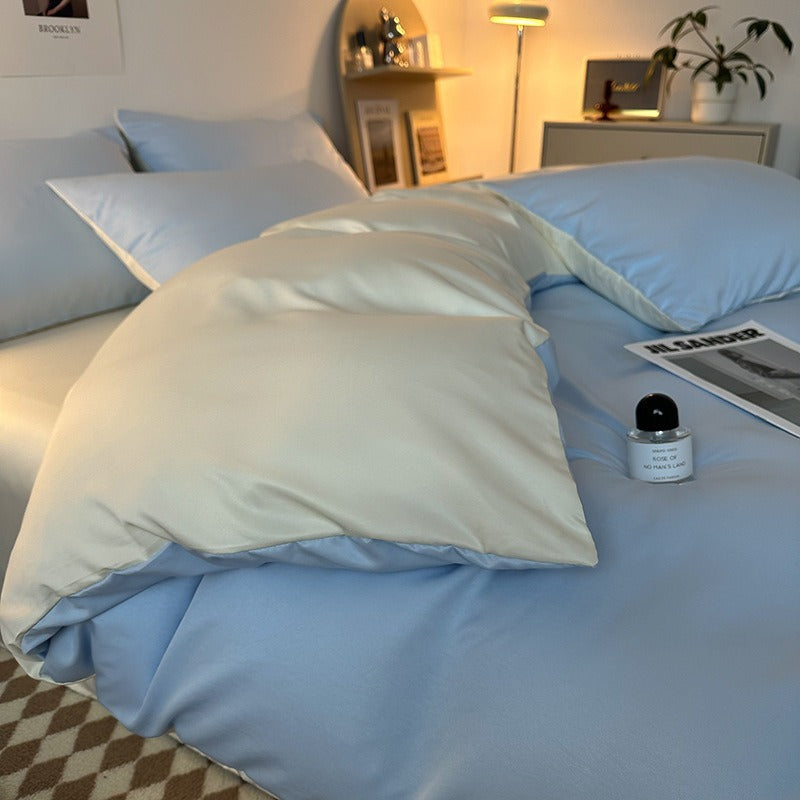 VILZSTUDIOS solid and two-tone pastel satin bedding set with a glossy finish