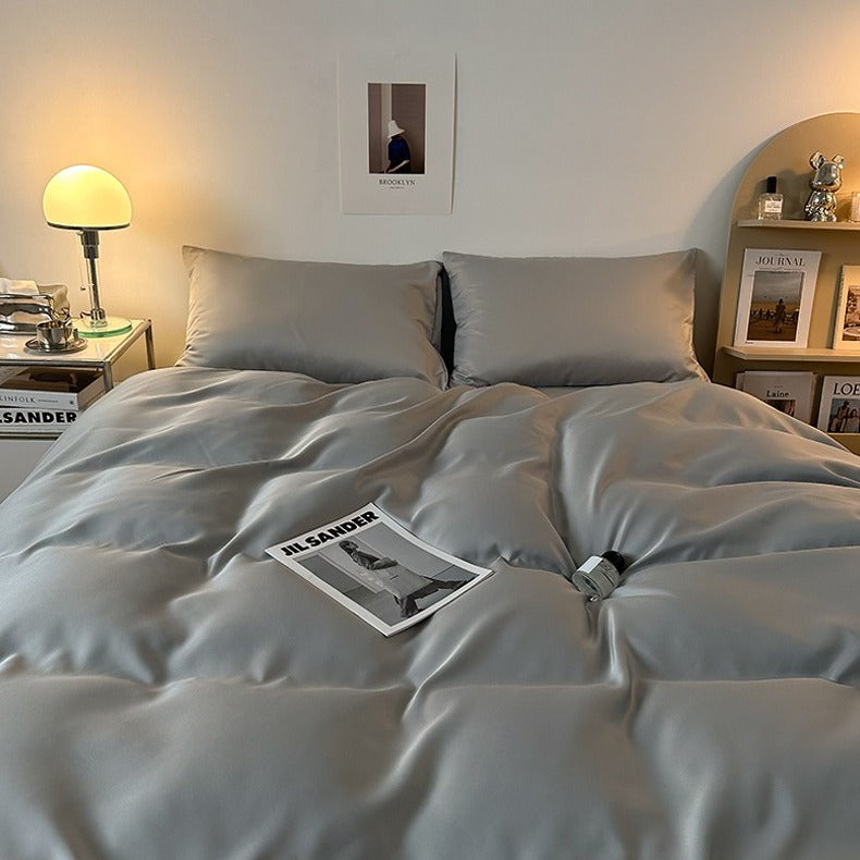VILZSTUDIOS solid and two-tone pastel satin bedding set with a glossy finish