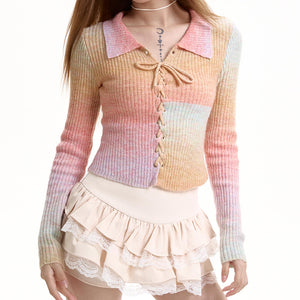 VILZSTUDIOS Gradient knit top with lace-up front and collar