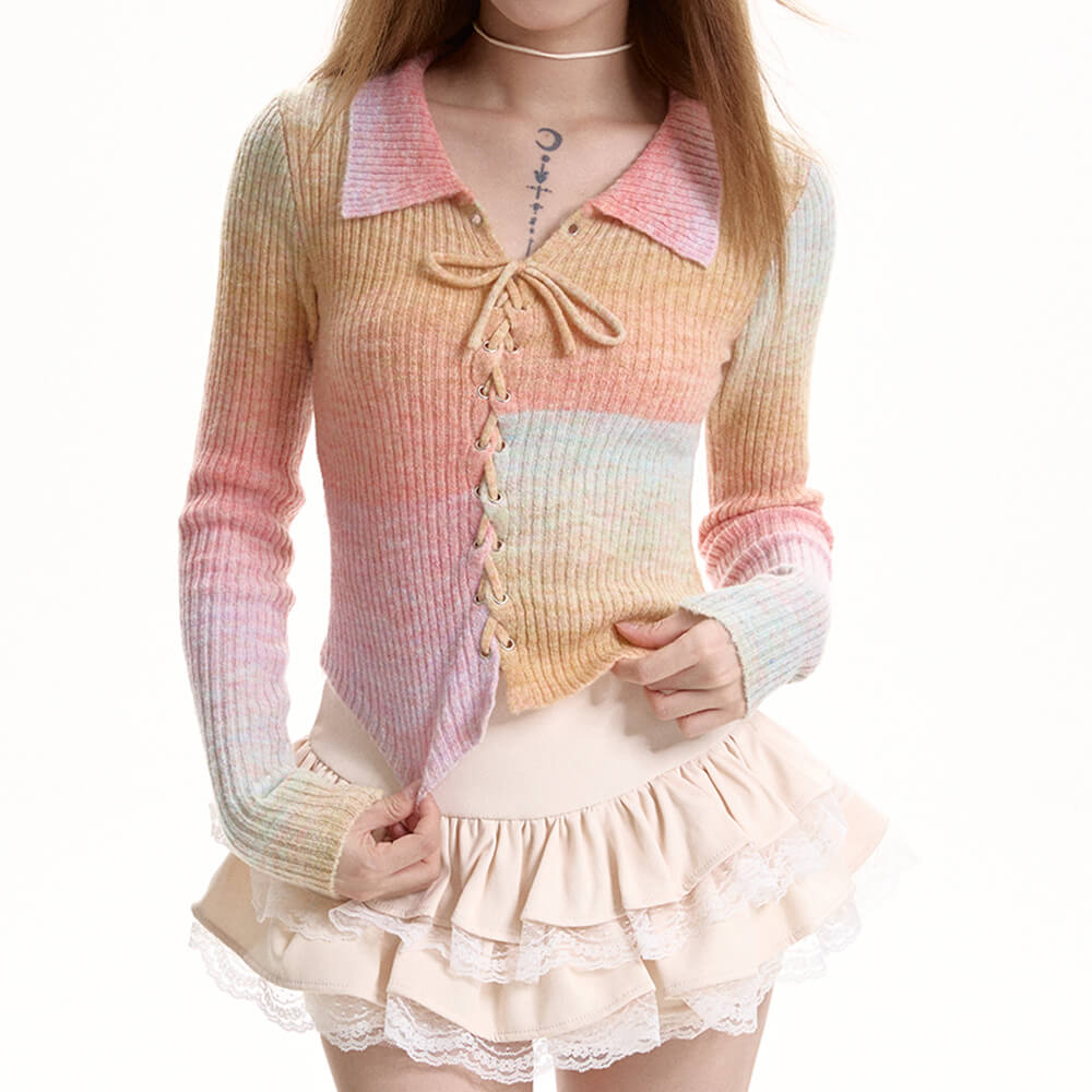 VILZSTUDIOS Gradient knit top with lace-up front and collar