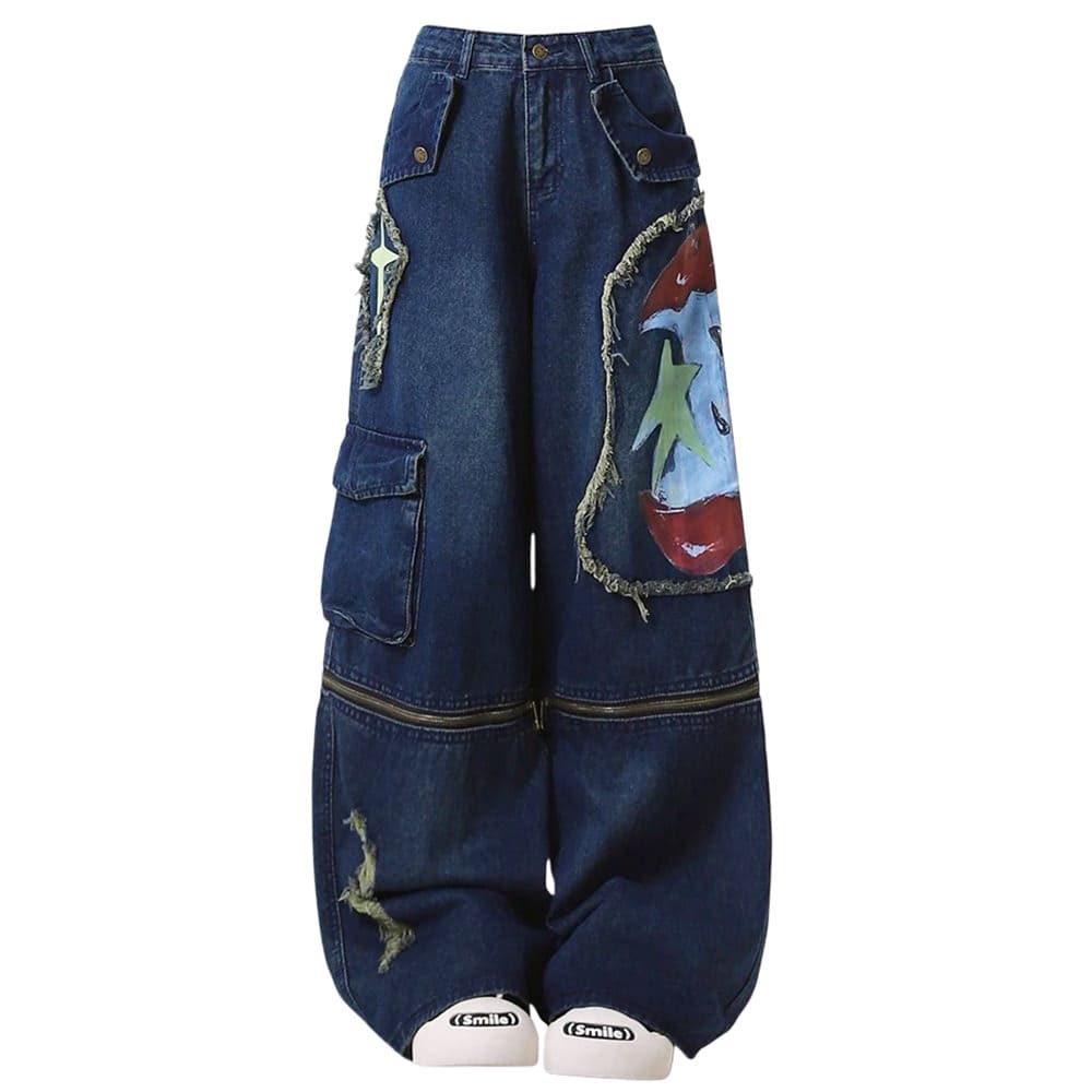 VILZSTUDIOS cargo jeans with graffiti print and zipper details
