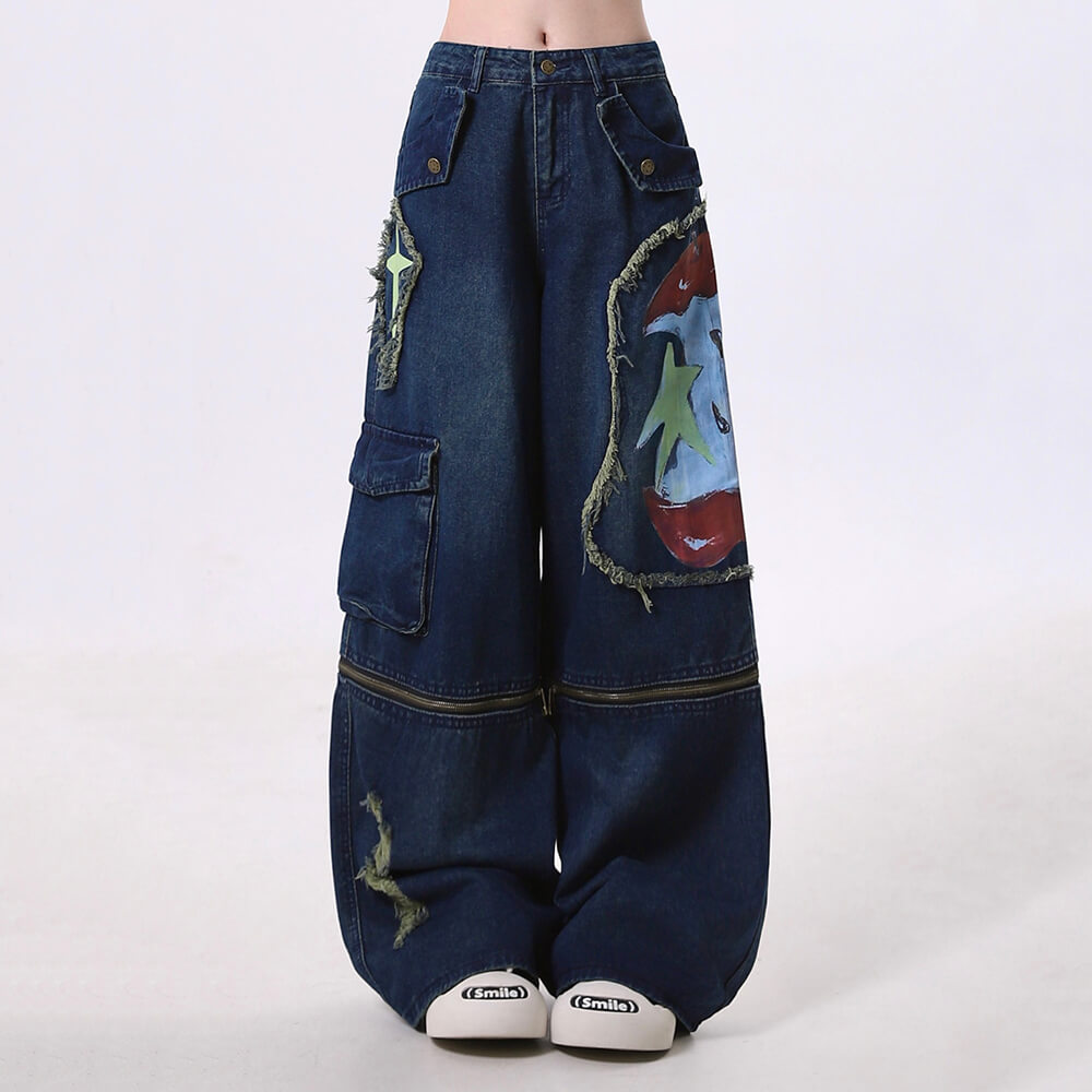 VILZSTUDIOS cargo jeans with graffiti print and zipper details