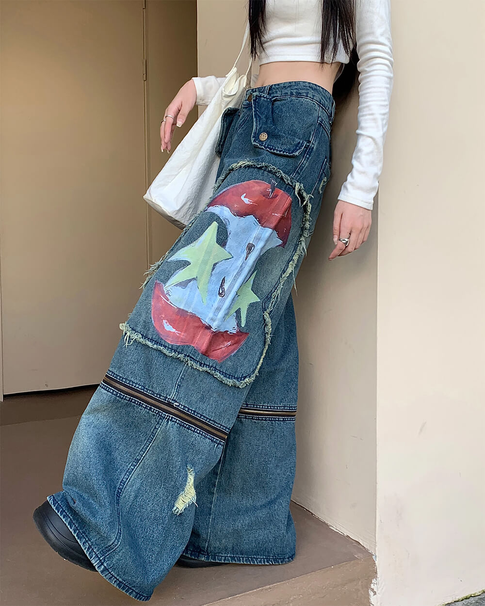 VILZSTUDIOS cargo jeans with graffiti print and zipper details