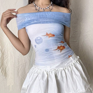 VILZSTUDIOS Graphic off-shoulder top featuring goldfish print