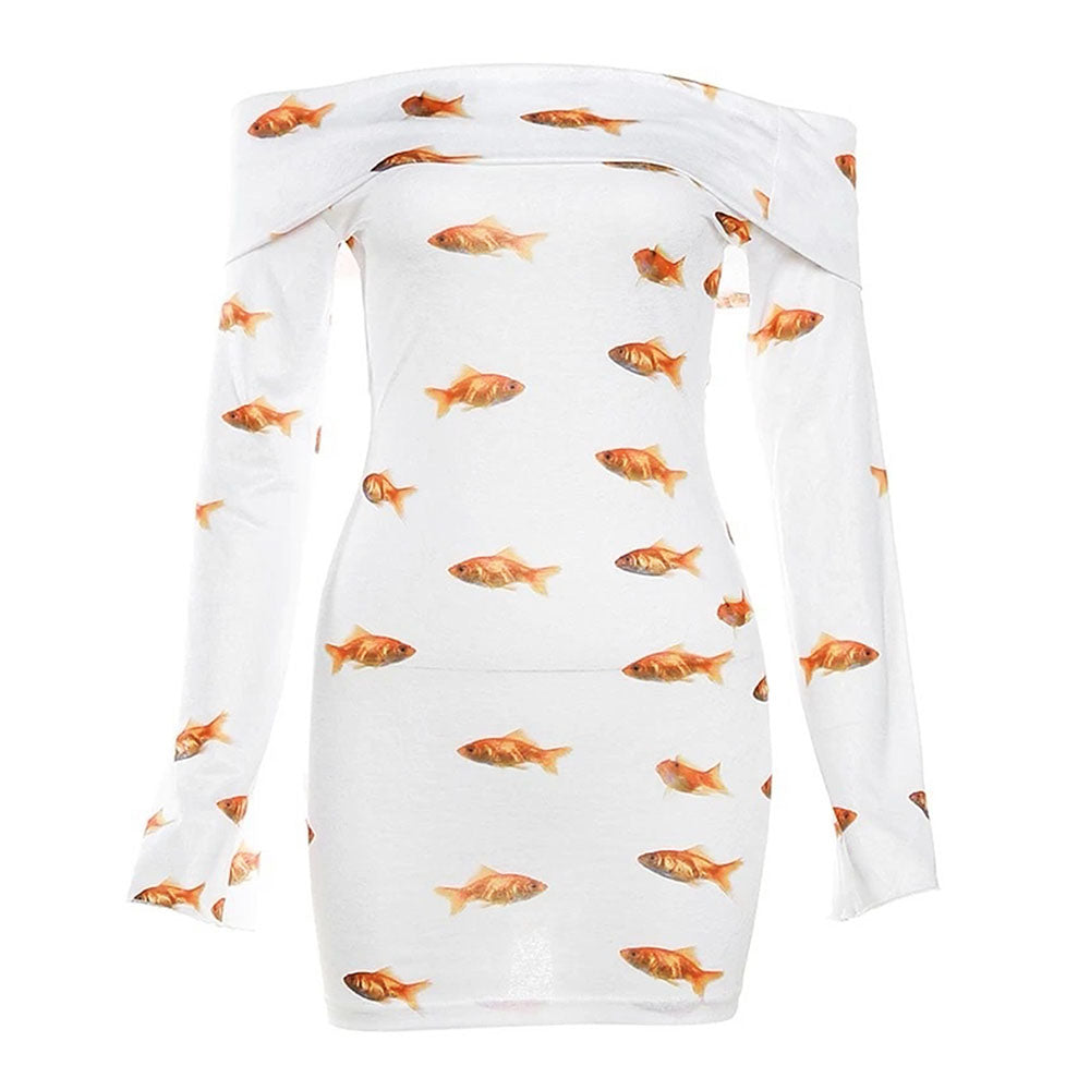 VILZSTUDIOS Graphic off shoulder mini dress with goldfish print