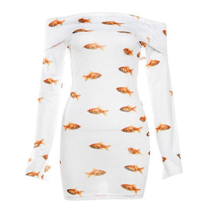 VILZSTUDIOS Graphic off shoulder mini dress with goldfish print