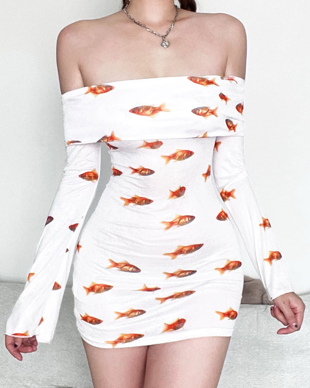 VILZSTUDIOS Graphic off shoulder mini dress with goldfish print
