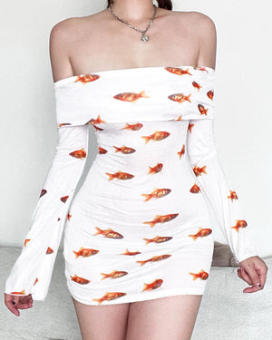 VILZSTUDIOS Graphic off shoulder mini dress with goldfish print